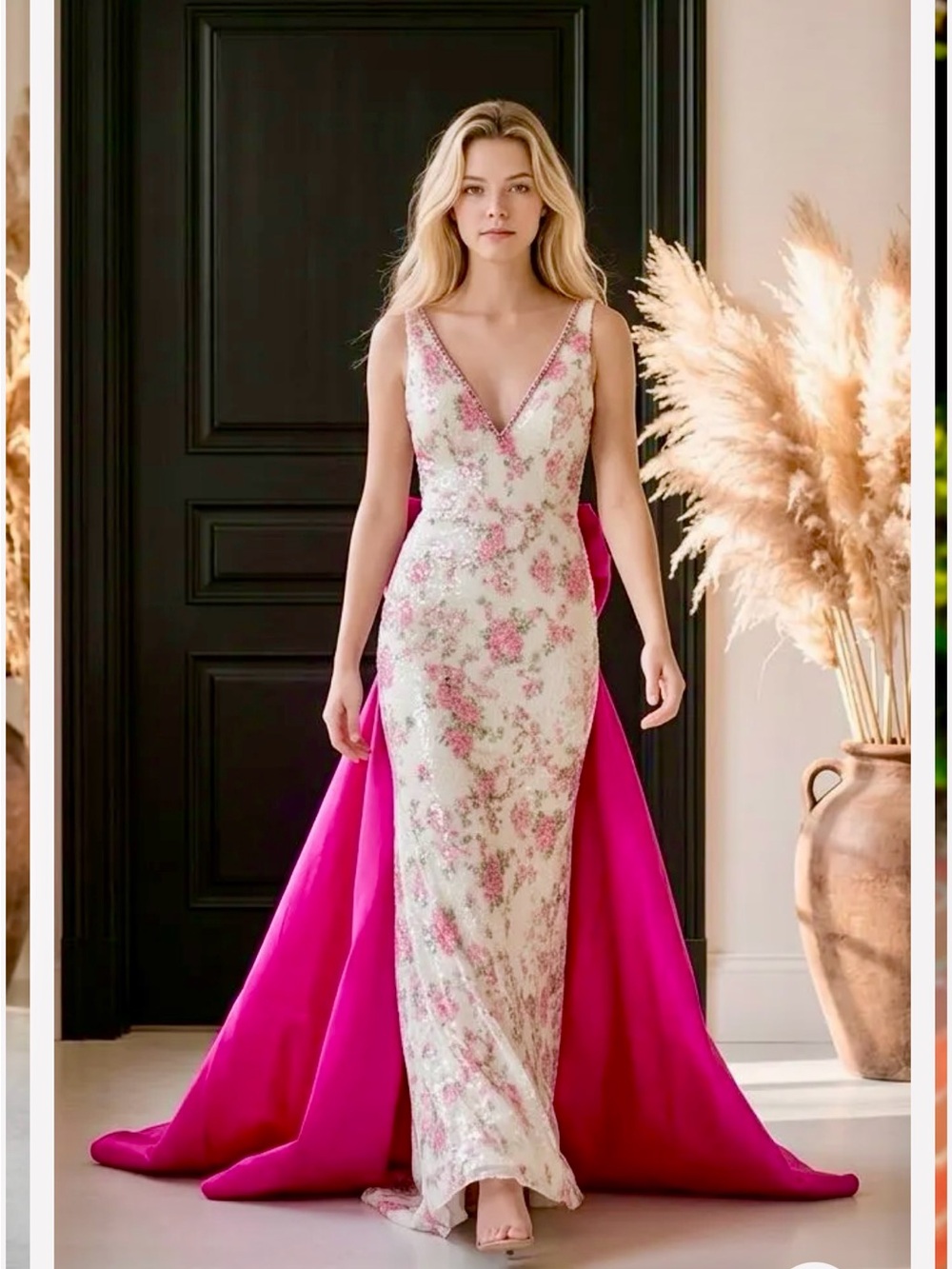 NWT Couture Floral Sequin Beaded Gown w/ Removable Cape Bow Train 6